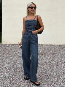 Livesso 女式夏季无袖口袋宽腿宽松牛仔连体裤 - 藍色 - 查看 6