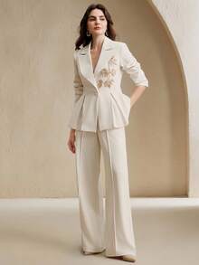 Anewsta Bộ vest 2 món thanh lịch, trang trọng, thêu hạt cườm, thắt eo, tay dài, quần ống loe, thời trang khi đi làm - Màu be - Xem 1