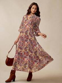 Florisole Vestido de mujer con estampado de paisley vintage bohemio, cuello en V, cintura con lazo y mangas farol, para primavera/otoño - Multicolor - Ver 2