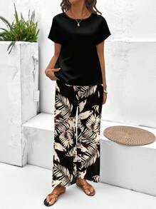 EMERY ROSE 2pcs Women Casual Minimalist Leaf Pattern Bodycon Suit, Spring/Summer Suitable For Going Out