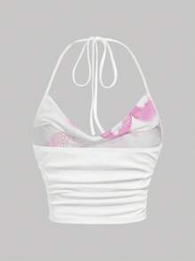 SHEIN EZwear 休闲简约粉色印花系带领镂空修身衬衫，夏季百搭 - 彩色 - 查看 2