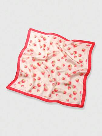 Kawaii 1pc Cute Strawberry & Bowknot Print Girl Square Scarf, Versatile Casual Countryside Style Accessory Suitable For Daily Life, Vacation And Decoration