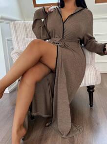 SHEIN 柔软针织连帽家居服，大码休闲浴袍，睡衣舒适优雅，适合秋冬季节穿着。 - 咖啡棕 - 查看 8