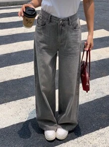 DAZY 新款秋季宽松休闲直筒女牛仔裤 - 灰色 - 查看 5