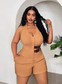 Slaydiva Veslaya Plus Size Women Halter Neck Low-Cut Vest & Shorts 2pcs Suit,Black And White,Summer,Classy,Night Out Club Two Piece Matching Curvy Outfit Set - Khaki - View 8