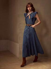 MOTF PREMIUM RUFFLE TRIM SLANT POCKET DENIM DRESS - Medium Wash - View 5