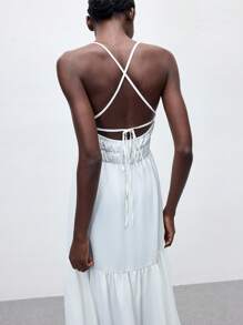 Maija 2025 Summer White Tropical Vacation Holiday Dress,Elasticated Waist Ruffled Asymmetric Tie Bow,Elegant Office Lady Wedding Guest Party Beach Dress - Champagne - View 2