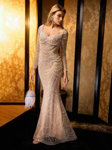 MOTF Soiréza 串珠仿珍珠美人鱼下摆长款晚礼服 - 香檳色 - 查看 4