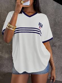 INAWLY 女式 V 领条纹字母美国国旗印花撞色边短袖 T 恤，夏季图案 T 恤女式上衣 - 白色 - 查看 5
