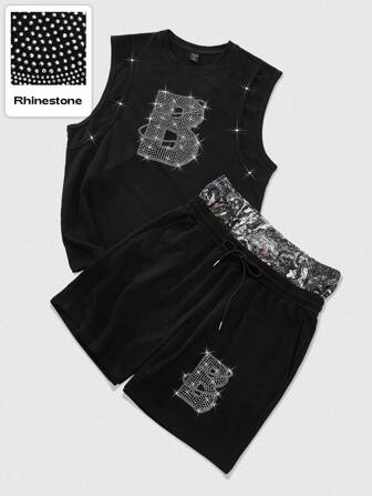 2pcs/Set Men's Street Life Slogan Rhinestone T-Shirt And Shorts Set,