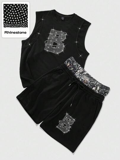 2pcs/Set Men's Street Life Slogan Rhinestone T-Shirt And Shorts Set,