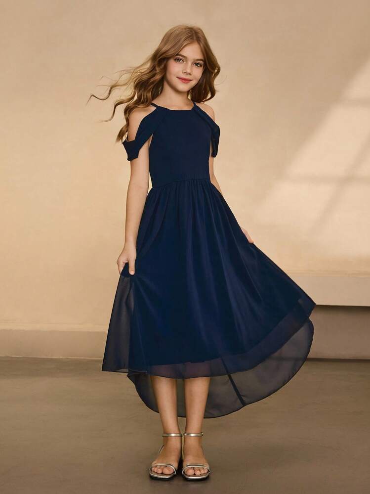 Girls Elegant Chic Minimalist Off-Shoulder High Waist Long Dress, Front Short Back Long Solid Color Chiffon Fabric, Graduation Prom Party Dress - Navy Blue - View 5