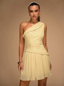 SHEIN BAE 女式纯色无袖褶边优雅中长连衣裙 - 黃色 - 查看 5