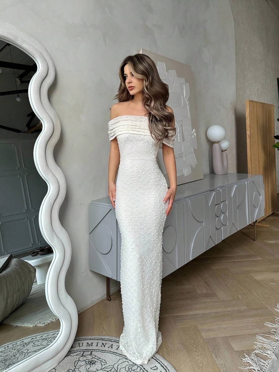 Jemour Váy bó sát hở vai màu mơ lãng mạn mùa xuân/hè, vải có họa tiết - Màu be - Xem 1