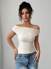 Elenzga Damen Sommer Strick elastisch anliegende asymmetrische Schulter Rüschen Metall Knopf Lässig Elegant T-Shirt - Aprikosenfarben - Übersicht 4