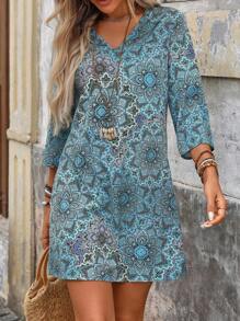 EMERY ROSE Vestido recto casual de mujer con cuello en V, estampado floral y manga 3/4 holgada - Celeste - Ver 5