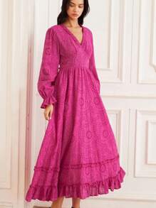 GENKIRA 复古优雅设计刺绣镂空荷叶边下摆修身长裙 - 玫紅色 - 查看 3