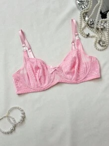 SHEIN Sheer Pink Lace Push Up Bralette With Sweet Bow Detail For Women - Pink - View 7