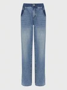 Daynim 女士休闲贴袋宽松直筒牛仔裤阔腿牛仔裤喇叭牛仔裤女式牛仔裤喇叭裤高腰牛仔裤 - 淺色水洗藍 - 查看 7