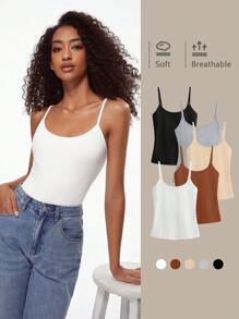 SHEIN BASICS 1件女款素色修身休閒細肩帶背心上衣 白色上衣 - 白色 - 查看 10