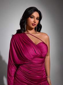 Viva Relle Party Plus Asymmetrical Neck Ruched Split Thigh Dress Fall Cloth For Women - Hot Pink - View 3
