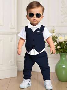 Souflis Souflis 男婴经典颜色开衫背心上衣和配套裤子套装，简约风格，无图形设计，适合休闲外出、舒适家居服和轻松聚会，春秋季 - 寶藍色 - 查看 1