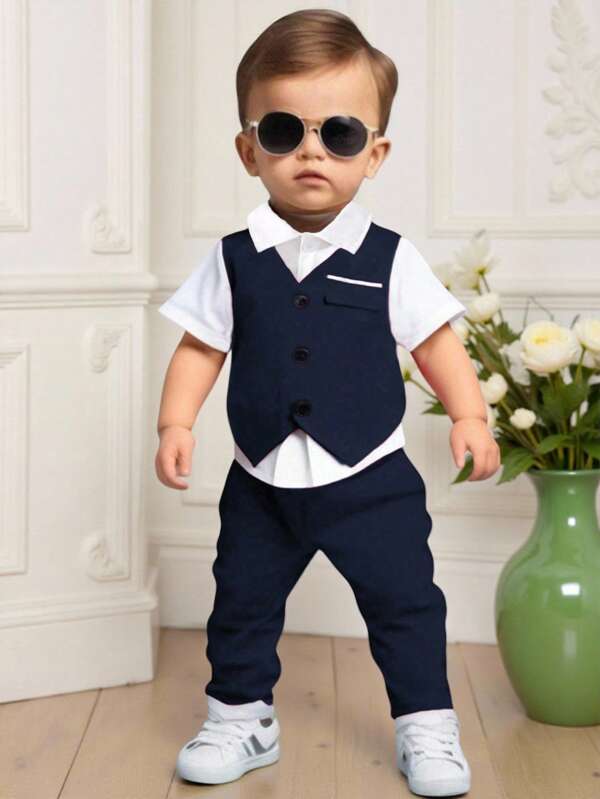 Souflis Souflis Baby Boy Classic Color Cardigan Vest Top And Matching Pants Set, Minimal Style With No Graphic Design, Suitable For Casual Outings, Comfortable Home Wear, And Relaxed Gatherings, Spring/Autumn