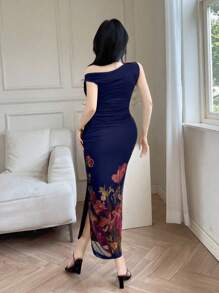 Modelyn 女式优雅花卉印花修身长裙，夏季 - 藏蓝色 - 查看 2