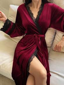 DAZY Badrock i sammet och spets, dambadrock, höstpyjamas, alla hjärtans dag-vinter - Bourgogne - Visa 6