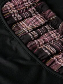 Elamini 女士休闲复古格子拼布衬衫领短袖T恤