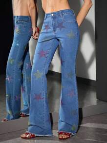 Jeanoix 女式休闲街头水钻星星图案超低腰喇叭裤 - 藍色 - 查看 6