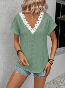 EMERY ROSE 女式加大码 V 领蕾丝边提花针织短袖 T 恤 - 綠色 - 查看 3