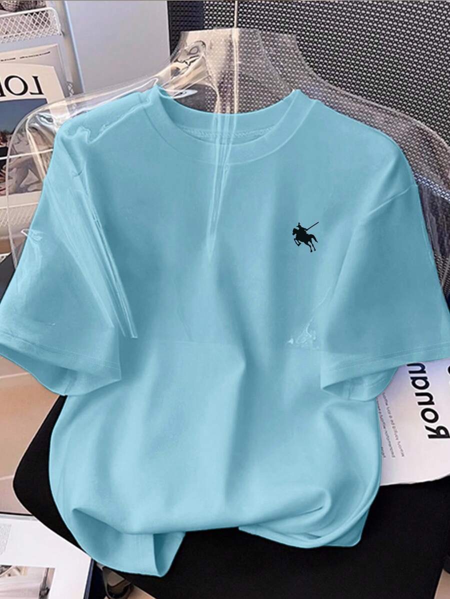 INAWLY 女士休闲修身圆领骏马印花短袖T恤，夏季 - 淺藍色 - 查看 1