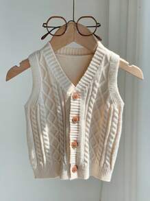 SHEIN Baby/Toddler Unisex Sleeveless V-Neck Knit Cardigan Vest, Soft, Comfortable, Versatile For Casual Wear, Suitable For Indoor, Outdoor, Daily, Sports, Play, Party, Photo Shoot, Festival, Halloween, Spring/Summer/Autumn/Winter Fall