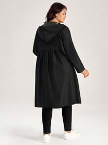 Comfylo 加大码时尚纯色军绿色连帽口袋设计中长款夹克秋季带口袋女式风衣外套冬装 - 黑色 - 查看 5