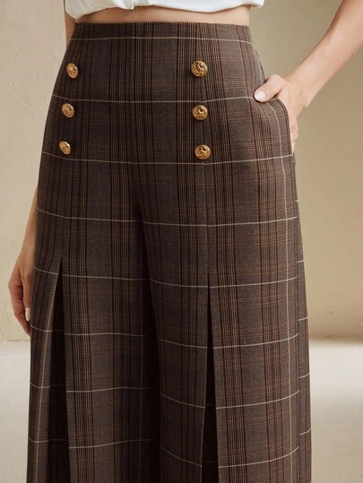 Anewsta 秋冬女装穿着舒适休闲通勤百搭时尚优雅简约经典现代返校季粗花呢格子装饰经典金属纽扣口袋开衩阔腿腰拉链女裤