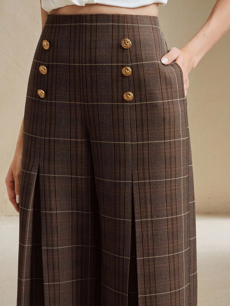 Fall & Winter Women's Clothing Wear Comfortable Casual Commuting Versatile Fashion Elegant Simple Classic Modern Back To School Season Tweed Plaid Decoration Classic Metal Button Pocket Slit Wide Leg Waist Zipper Women's Pants