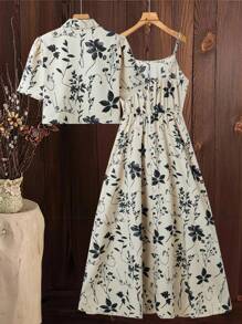 SHEIN Clasi 2 Pieces Set Includes: Women Holiday Casual All Over Floral Print Shirt Dress - Apricot - View 2