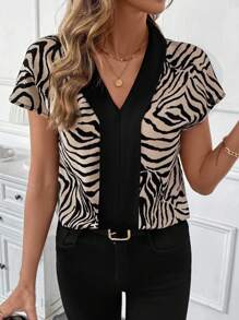 SHEIN Clasi 女士夏季时尚斑马纹衬衫 - 黑與白 - 查看 3