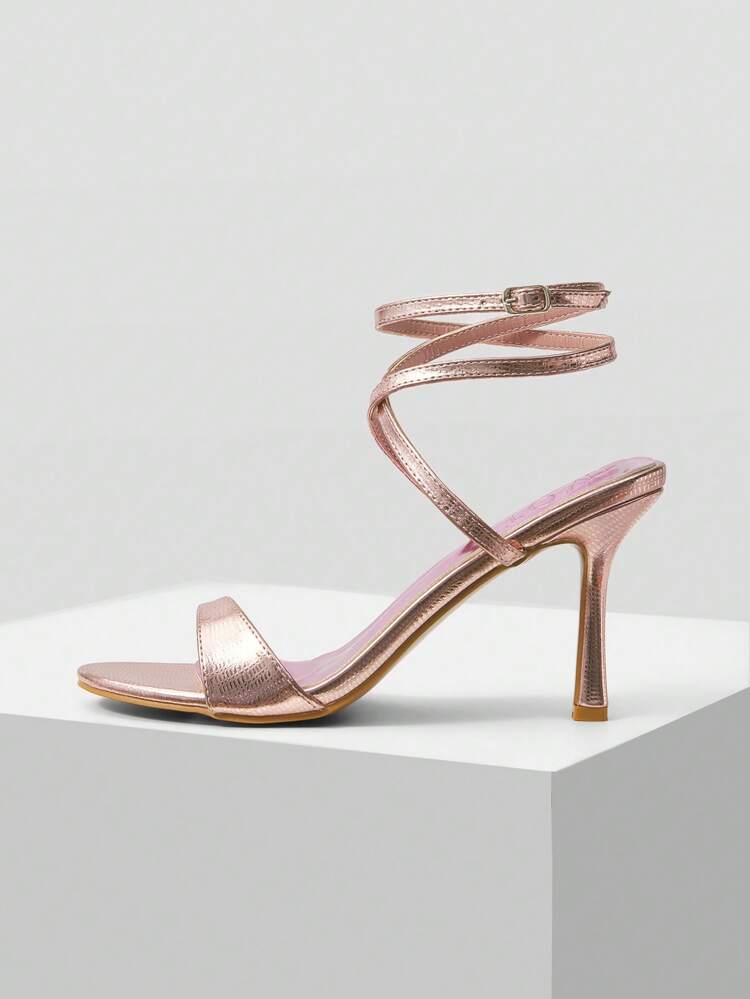 ANKLE STRAP PU LEATHER HEELED SANDALS