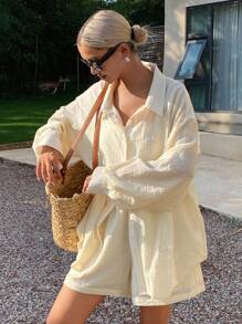 Livesso 女士亚麻休闲两件套，新款秋季系列女士家居服套装 - 黃色 - 查看 5