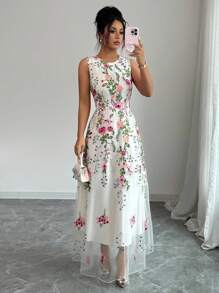 Elenzga Đầm Maxi Không Tay Cinched Eo Thêu Hoa Lưới Cho Nữ - Nhiều màu - Xem 5