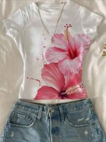 Attitoon 女士夏季花卉/夏威夷印花短袖修身 T 恤 - 彩色 - 查看 1