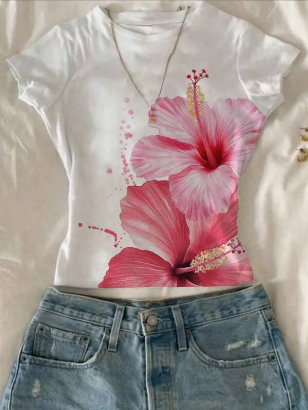 Attitoon Women Summer Floral/Hawaiian Print Short Sleeve Fitted T-Shirt Floral Top Tropical Top Suitable For Going Out
