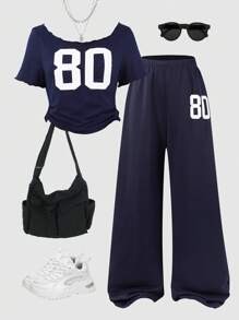 Sparklyn 少女数字印花短袖上衣和直筒裤休闲夏季两件套 - 藏蓝色 - 查看 3