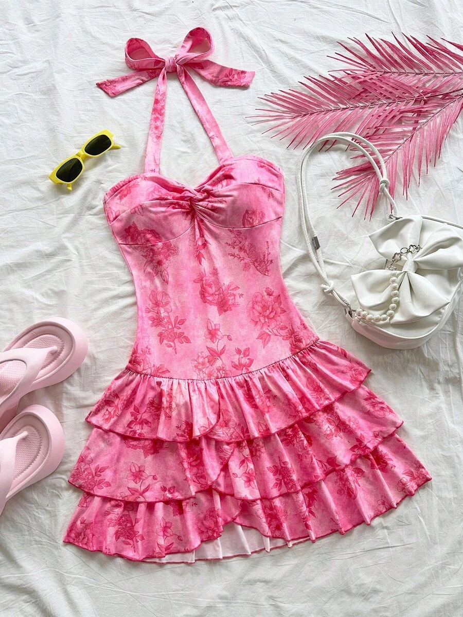 Soleia 女式复古紫红色花卉素描印花褶饰挂脖系带蝴蝶结层叠荷叶边下摆迷你连衣裙，适合度假、约会、下午茶、海滩、游轮、城市度假、音乐节、波西米亚风度假 - 粉色 - 查看 1