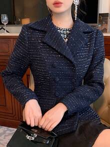 DAZY 女士优雅双排扣立领长袖修身加厚羊毛大衣秋冬夹克 - 藏蓝色 - 查看 1