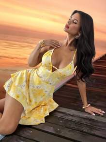 Firerie Ladies New Elegant Yellow Floral Beaded Halter Back Dress With Ruffled Skirt/Butter Yellow Skirt/School Clothes/Ountry Outfits Women /Butter Yellow Dress/Back To School Season/Tea Party/Leisure Vacation