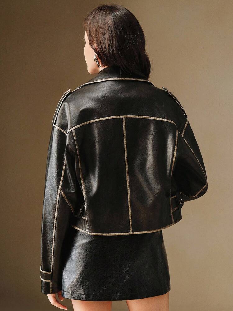 Women's Lapel NeckDrop Shoulder Zip Front Waist Snap Button Casual Moto Jacket