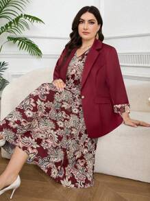 Modelyn Plus 1pc Single Button Blazer & 1pc Floral Print Dress In Fall/Winter - Burgundy - View 3